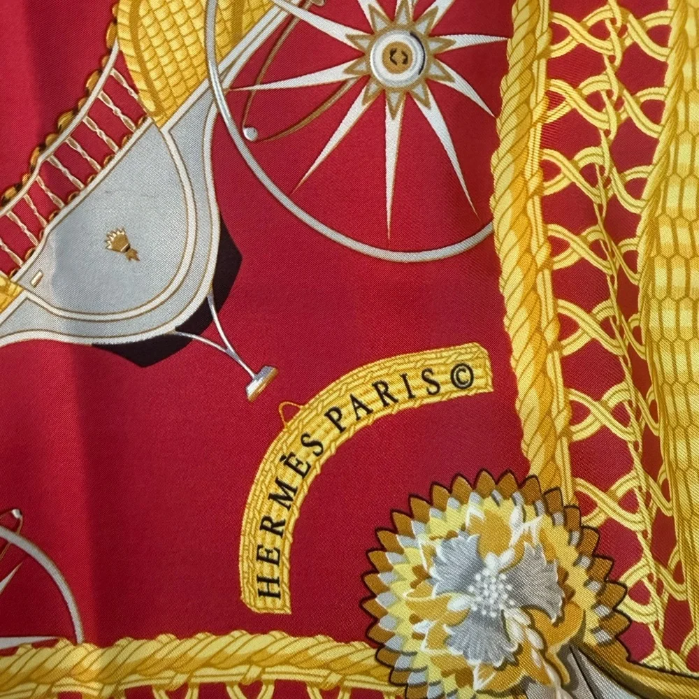 Hermes Red and Gold Equestrian Motif Silk Scarf - Picture 3 of 7